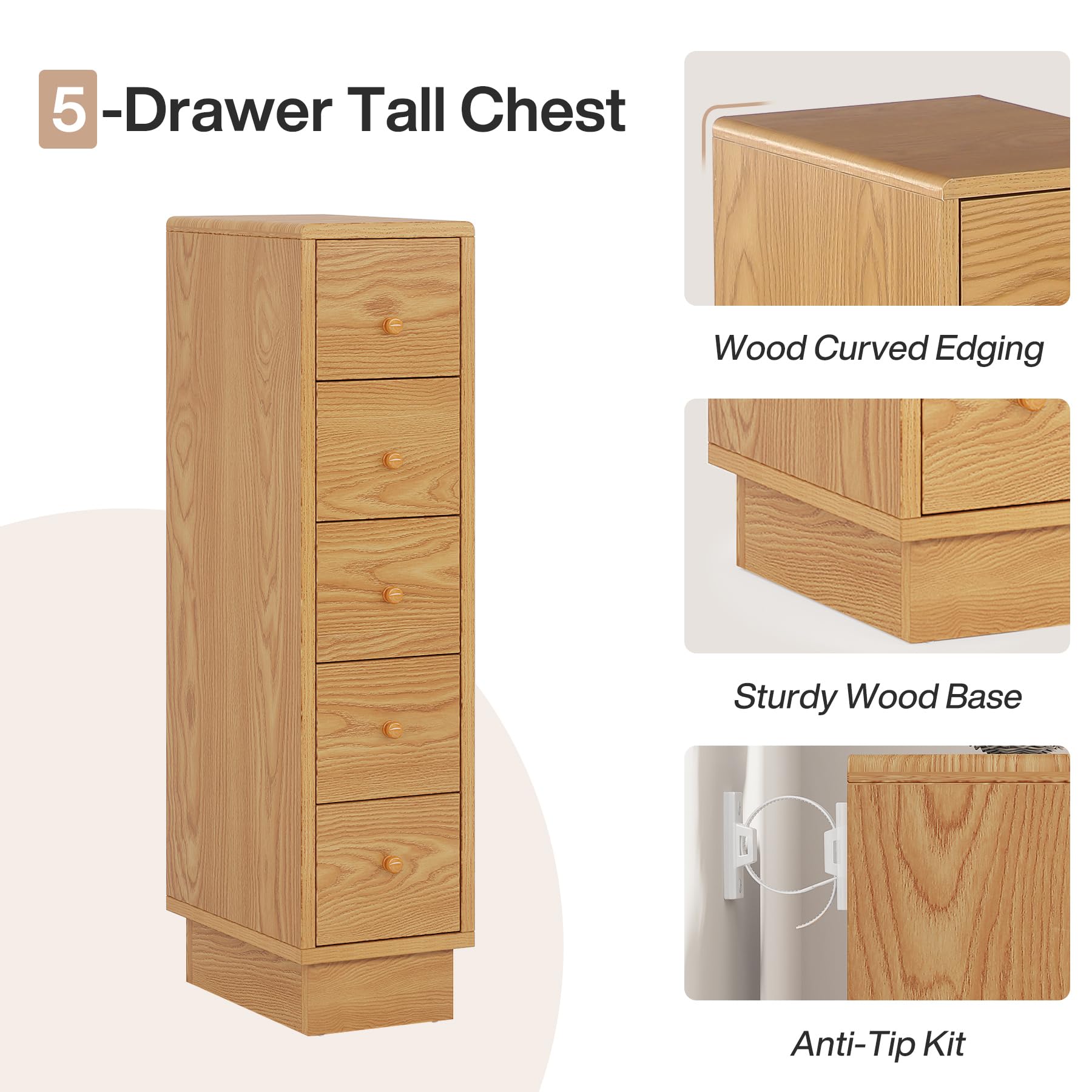 Tribesigns 5-Drawer Dresser, Wood Narrow Dresser for Bedroom, Tall Skinny Dresser Chest of Drawers, Slim Storage Drawers Organizer Lingerie Chest for Small Spaces, Bathroom, Closet, Oak