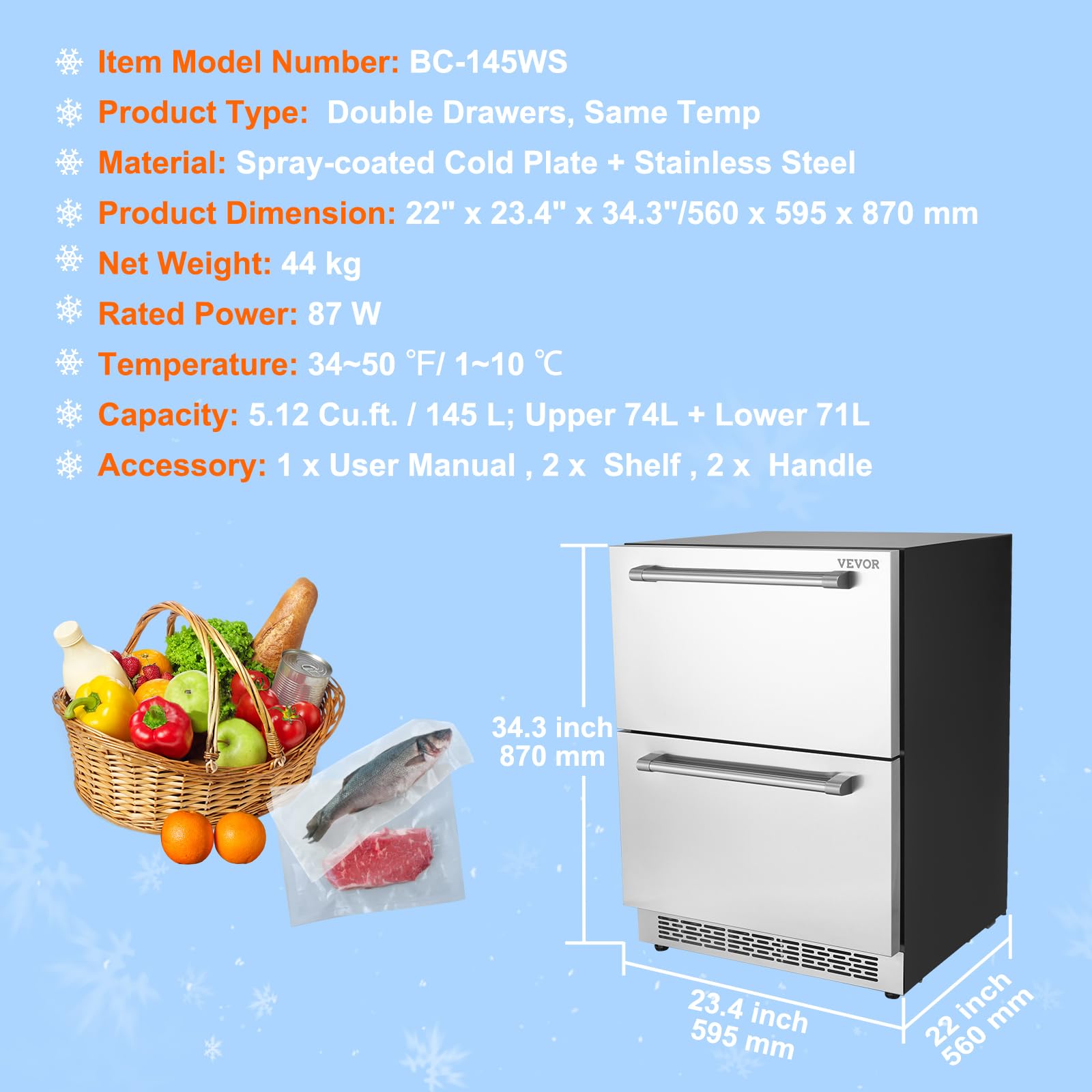 VEVOR Undercounter Refrigerator, 24 Inch Outdoor Beverage Fridge Built-in, 5.12 Cu.ft Stainless Steel Refrigerators for Patio Home Bar Outdoor Kitchen, Freestanding Cooler for Soda Wine BBQ Fruit