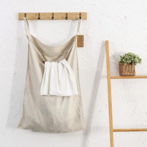 Linen Hanging Laundry Bag, 100% Linen Over The Door Laundry Hamper with Buttons and Zipper, Space Saving Door Hampers for Laundry Dirty Clothes Home Travel, Linen