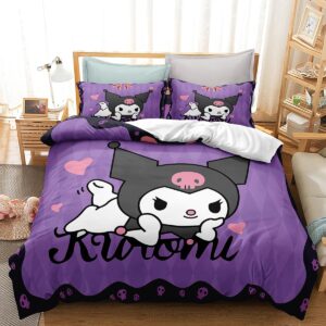 oinghu kuromi 3pcs bedding(1 duvet cover+2 pillowcase) comforter cover set for all seasons for boys and girls anime duvet cover set(twin)