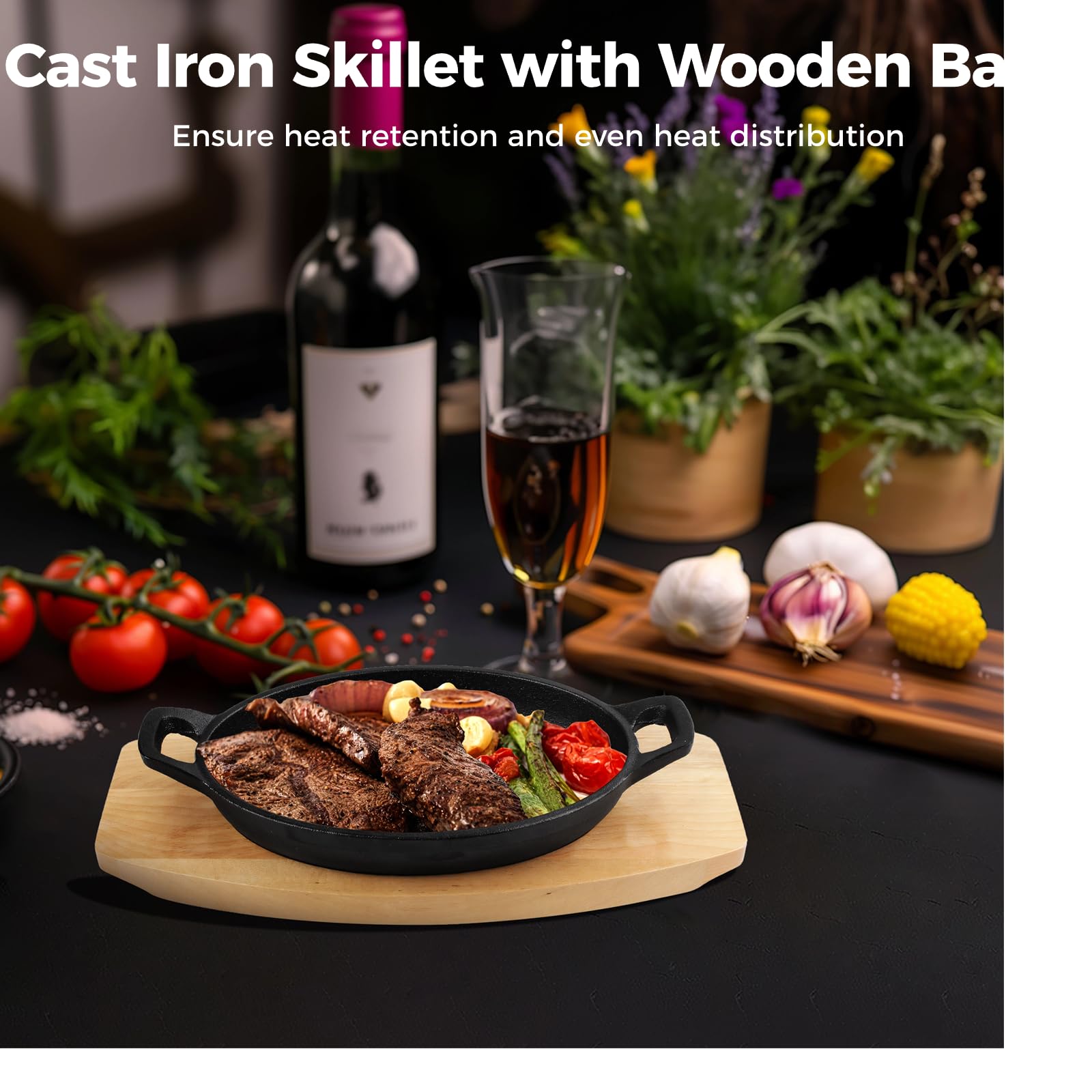 Cast Iron Skillet with Wooden Base, 2 Sets Mini Cast Iron Fajita Plate with Base, Anti-Scald Wooden Base Cast Iron Baker, Matte Black Small Cast Iron Pan for Dinner, BBQs, Kitchens, Restaurants