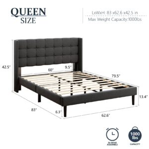 Sismplly Queen Size Bed Frame with Button Tufted Wingback Headboard, Modern Upholstered Platform Bed, Strong Wooden Slats, No Box Spring Needed, Noise-Free, Easy Assembly, Dark Grey