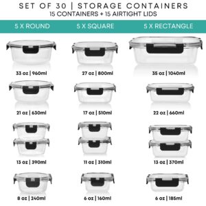 Razab 30 PC Glass Food Storage Containers with Lids - Reusable Glass Meal Prep Containers for Lunch and Leftovers - Airtight & Leakproof Snap Locking Lids - Oven, Freezer, Microwave, Dishwasher Safe