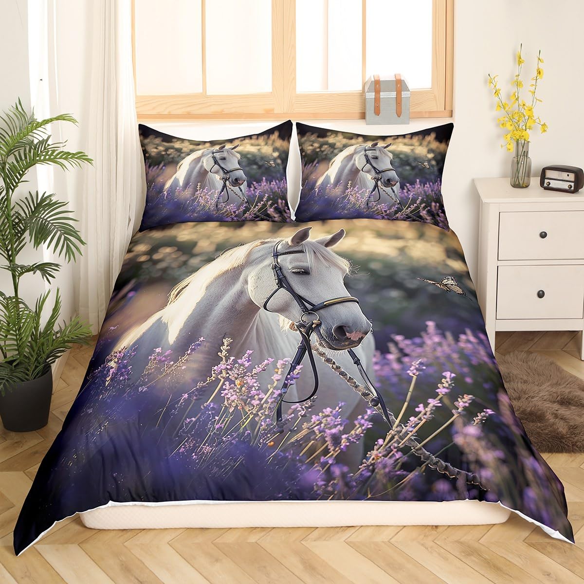 Feelyou Girly Horse Bedding Set King Size, Kids Lavender Floral Flower Comforter Cover Set for Boys Girls, Elegant Galloping Horse Duvet Cover Western Farmhouse Bedspread Cover Quilt Cover