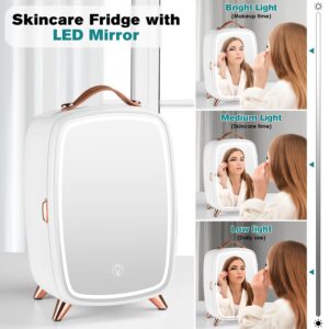 JSTPRO Skincare Fridge, 6L White Skincare Fridge with Dimmable LED Light Mirror, Makeup Fridge for Bedroom, Car, Office & Dorm, Portable Mini Skincare Fridge for Cosmetics, Skin Care and Food