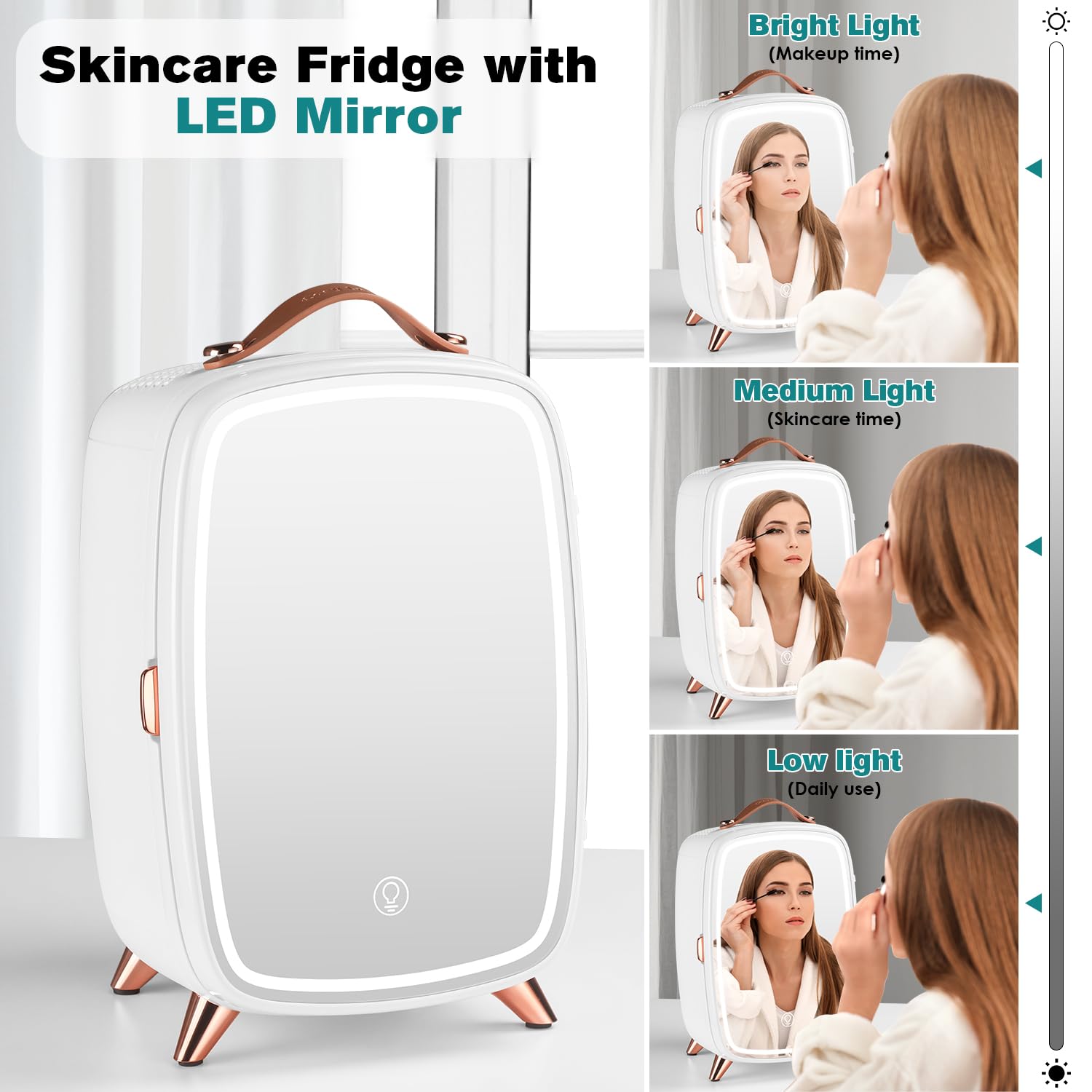 JSTPRO Skincare Fridge, 6L White Skincare Fridge with Dimmable LED Light Mirror, Makeup Fridge for Bedroom, Car, Office & Dorm, Portable Mini Skincare Fridge for Cosmetics, Skin Care and Food