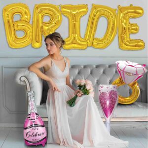 Bride Balloons Kit - 40 INCH Gold Bride Balloon + Champagne Bottle Balloon + Ring Balloon + Wine Balloon, Bridal Shower Balloons, Bachelorette Party Balloons, Bride To Be Balloons