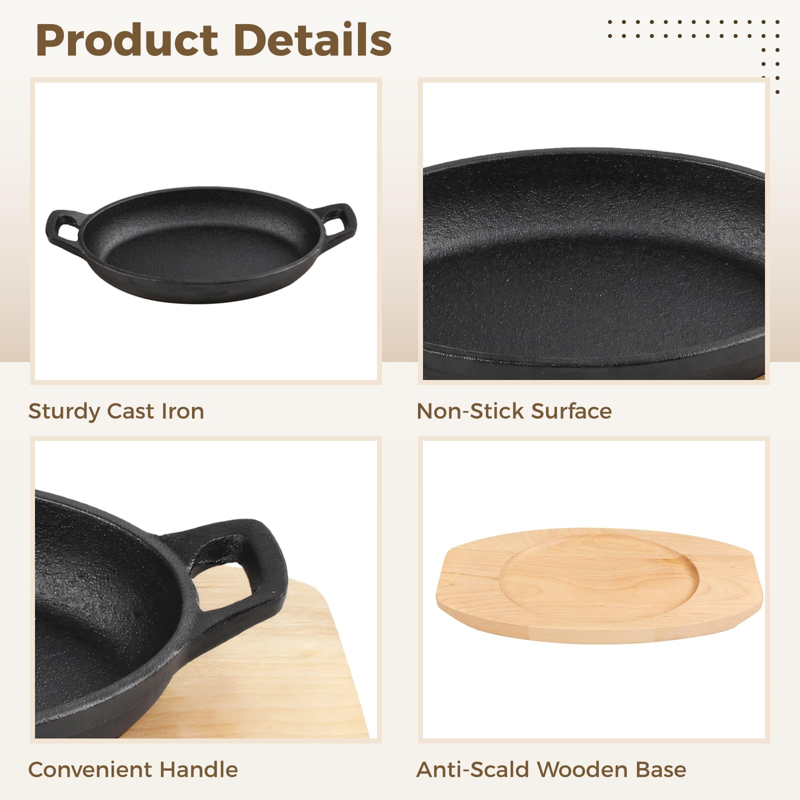 Cast Iron Skillet with Wooden Base, 2 Sets Mini Cast Iron Fajita Plate with Base, Anti-Scald Wooden Base Cast Iron Baker, Matte Black Small Cast Iron Pan for Dinner, BBQs, Kitchens, Restaurants