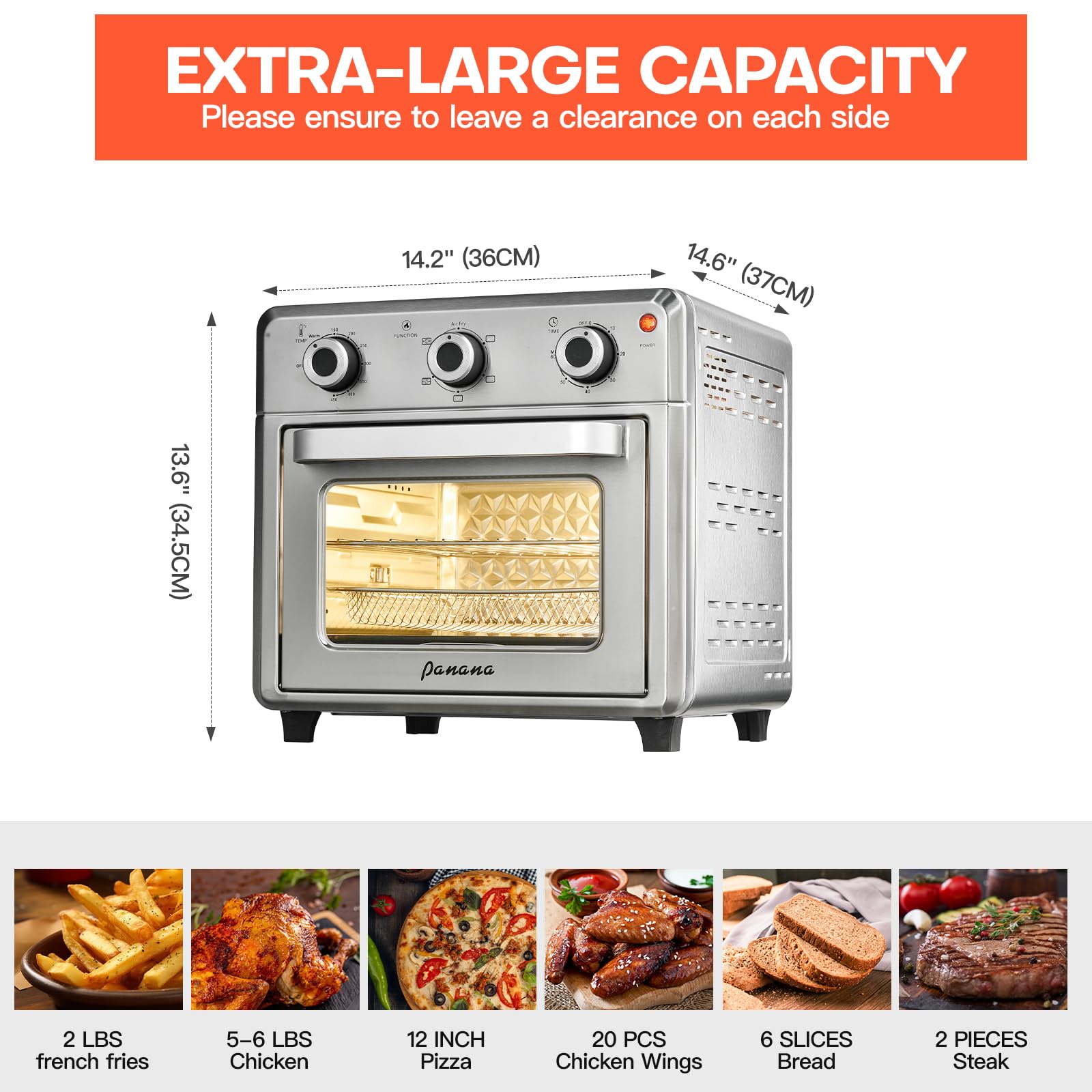 Panana Compact Airfryer Toaster Oven, 1400W 21QT with 6-in-1 Multifunctions and Wide Temperature Range, Air Fryer Oven with 60-Minute Timer/Auto-Off, Stainless Steel Countertop Oven (Silver)