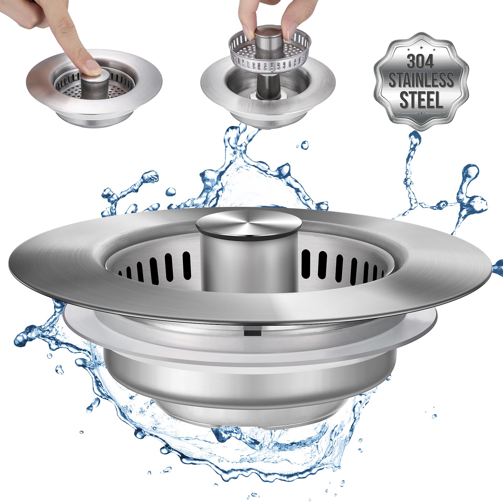 Upgraded 3 in 1 Kitchen Sink Drain Strainer - Stainless Steel Sink Stopper, Anti-Clogging Sink Food Catcher Basket, Fast Drainage Odor Filter Sink Plug for US Standard 3 1/2 inch Drain (Silver-1Pack)