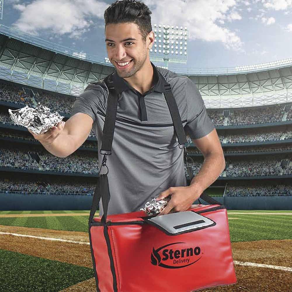 Sterno Delivery Stadium Insulated Food Carrier, Thermal Container for Hot or Cold Vending, Heavy Duty Red Vinyl, Large, 13"L x 22"W x 14"H