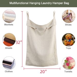 Linen Hanging Laundry Bag, 100% Linen Over The Door Laundry Hamper with Buttons and Zipper, Space Saving Door Hampers for Laundry Dirty Clothes Home Travel, Linen