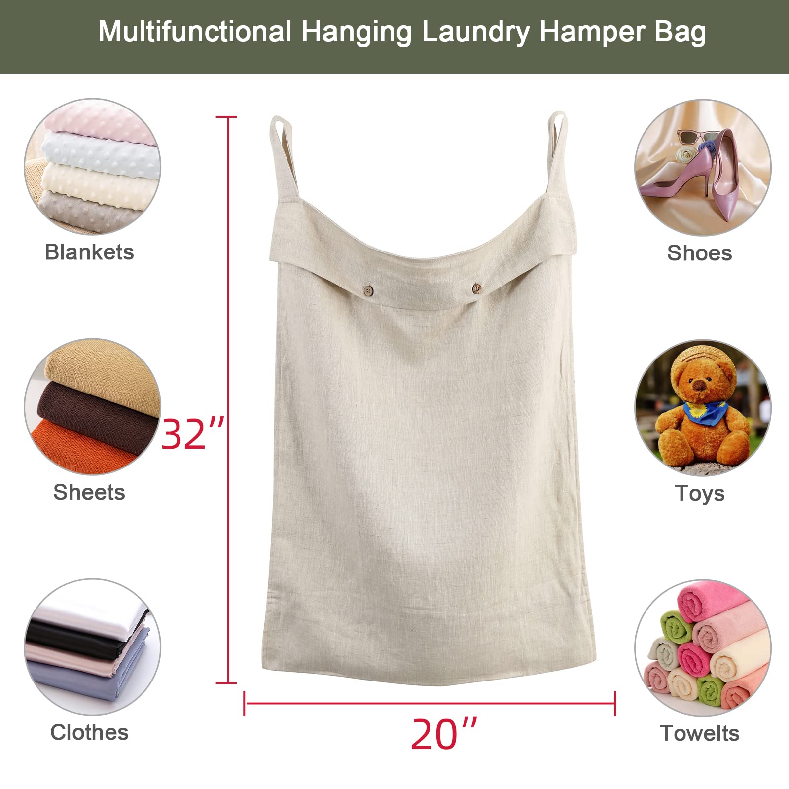 Linen Hanging Laundry Bag, 100% Linen Over The Door Laundry Hamper with Buttons and Zipper, Space Saving Door Hampers for Laundry Dirty Clothes Home Travel, Linen