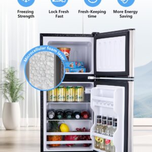 Iorbur FLS-90-SILVER 4.0Cu.Ft Compact, Small Refrigerator with Freezer, Retro Fridge with Dual Door, 7 Level Adjustable Thermostat for Garage, Dorm,Bedroom, Office, Silver