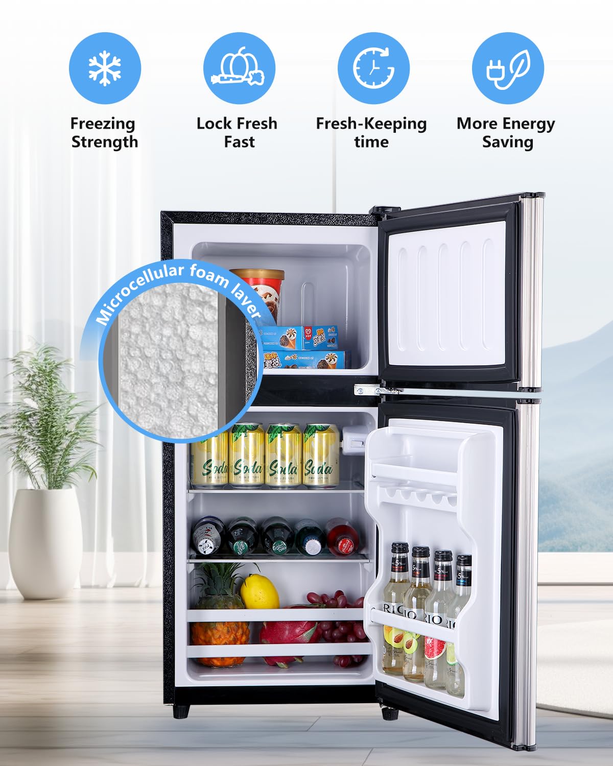 Iorbur FLS-90-SILVER 4.0Cu.Ft Compact, Small Refrigerator with Freezer, Retro Fridge with Dual Door, 7 Level Adjustable Thermostat for Garage, Dorm,Bedroom, Office, Silver