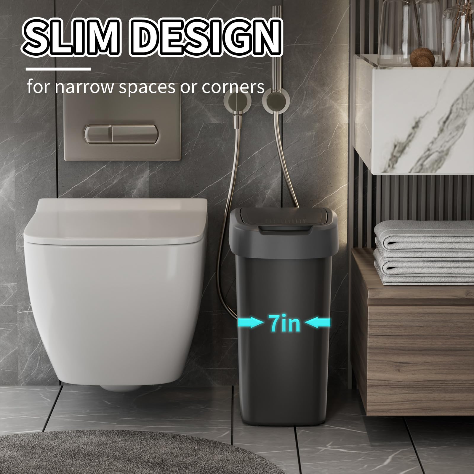 TODAYGO 2 Pack 2.6 Gallon/10 Liter Swing Top Trash Can, Small Garbage Can with Lid, Plastic Lidded Wastebasket, Black Slim Trash Bin for Bathroom, Kitchen, Bedroom, Office, Narrow Corner