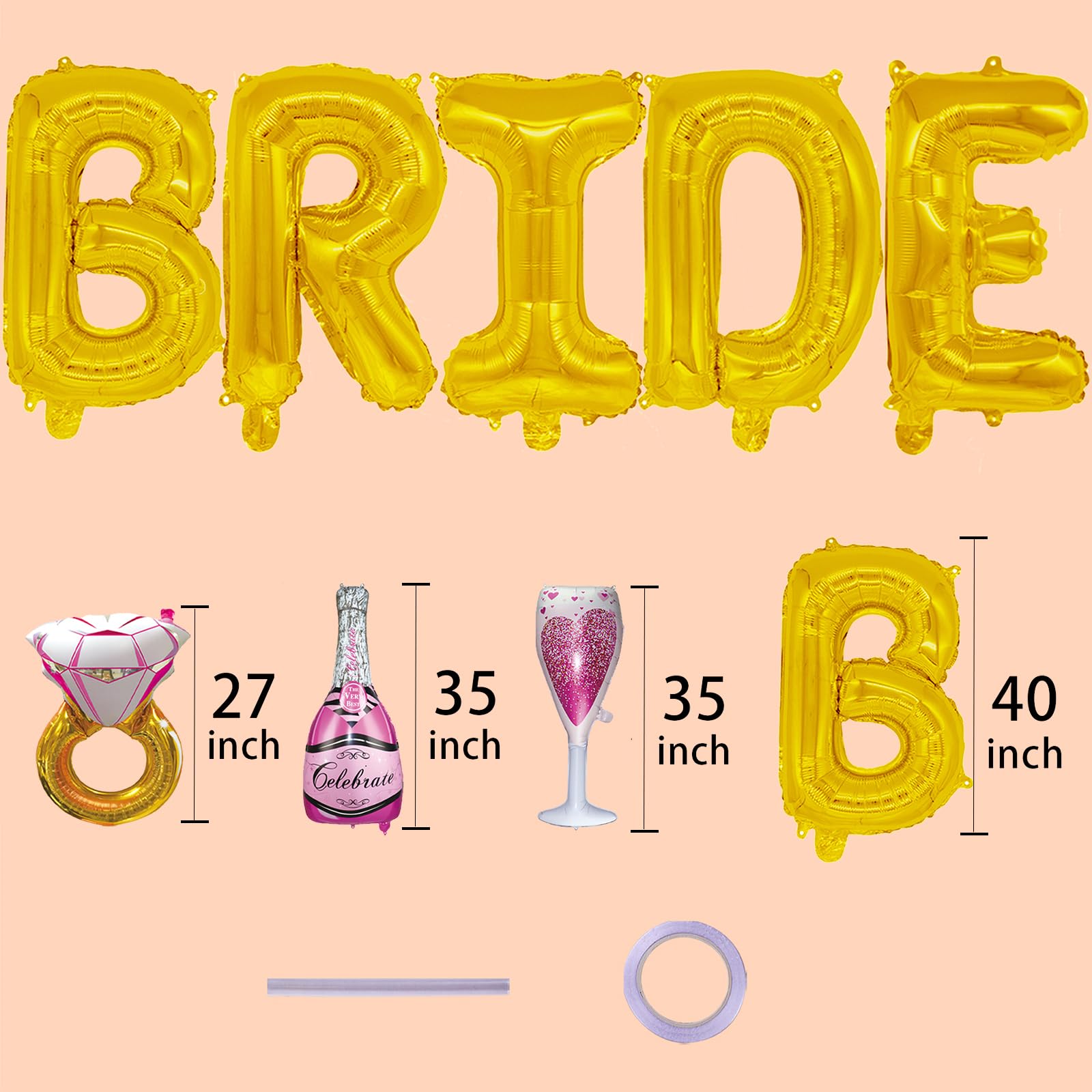 Bride Balloons Kit - 40 INCH Gold Bride Balloon + Champagne Bottle Balloon + Ring Balloon + Wine Balloon, Bridal Shower Balloons, Bachelorette Party Balloons, Bride To Be Balloons