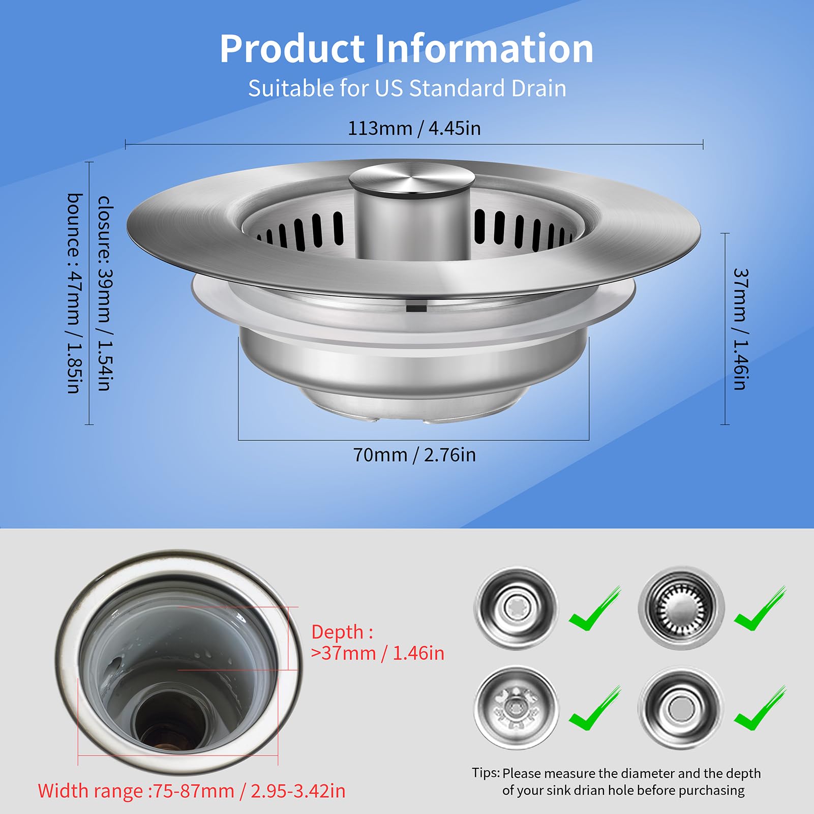 Upgraded 3 in 1 Kitchen Sink Drain Strainer - Stainless Steel Sink Stopper, Anti-Clogging Sink Food Catcher Basket, Fast Drainage Odor Filter Sink Plug for US Standard 3 1/2 inch Drain (Silver-1Pack)