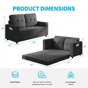 Mjkone Pull Out Sofa Bed, 3-in-1 Loveseat with 2 Pockets, 84" Tri-Fold Multi-Function Sleeper Sofa Bed, Futon Sofa Bed, Convertible Fold Out Sofa Couch for Living Room/Apartment/Office - Dark Gray