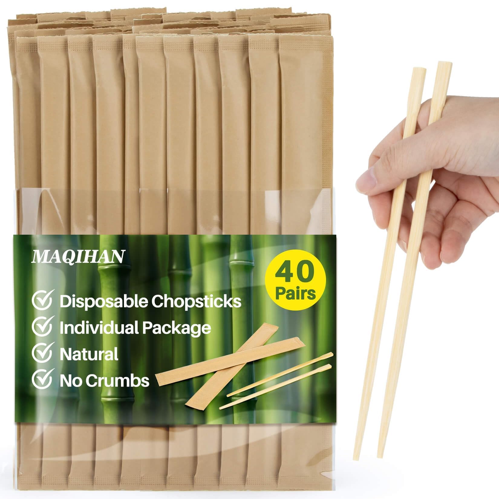 MAQIHAN 40 Pairs Wooden Chopsticks Disposable - Bamboo Chopsticks Chinese Food Japanese Sushi Korea Ramen Asian Cooking Hibachi Party Paper Packaging Individually Packaged Restaurant Business