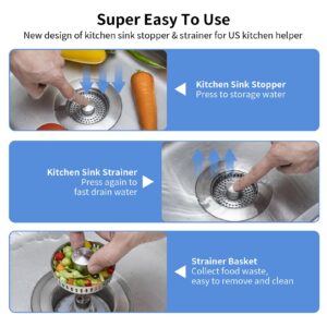 Upgraded 3 in 1 Kitchen Sink Drain Strainer - Stainless Steel Sink Stopper, Anti-Clogging Sink Food Catcher Basket, Fast Drainage Odor Filter Sink Plug for US Standard 3 1/2 inch Drain (Silver-1Pack)