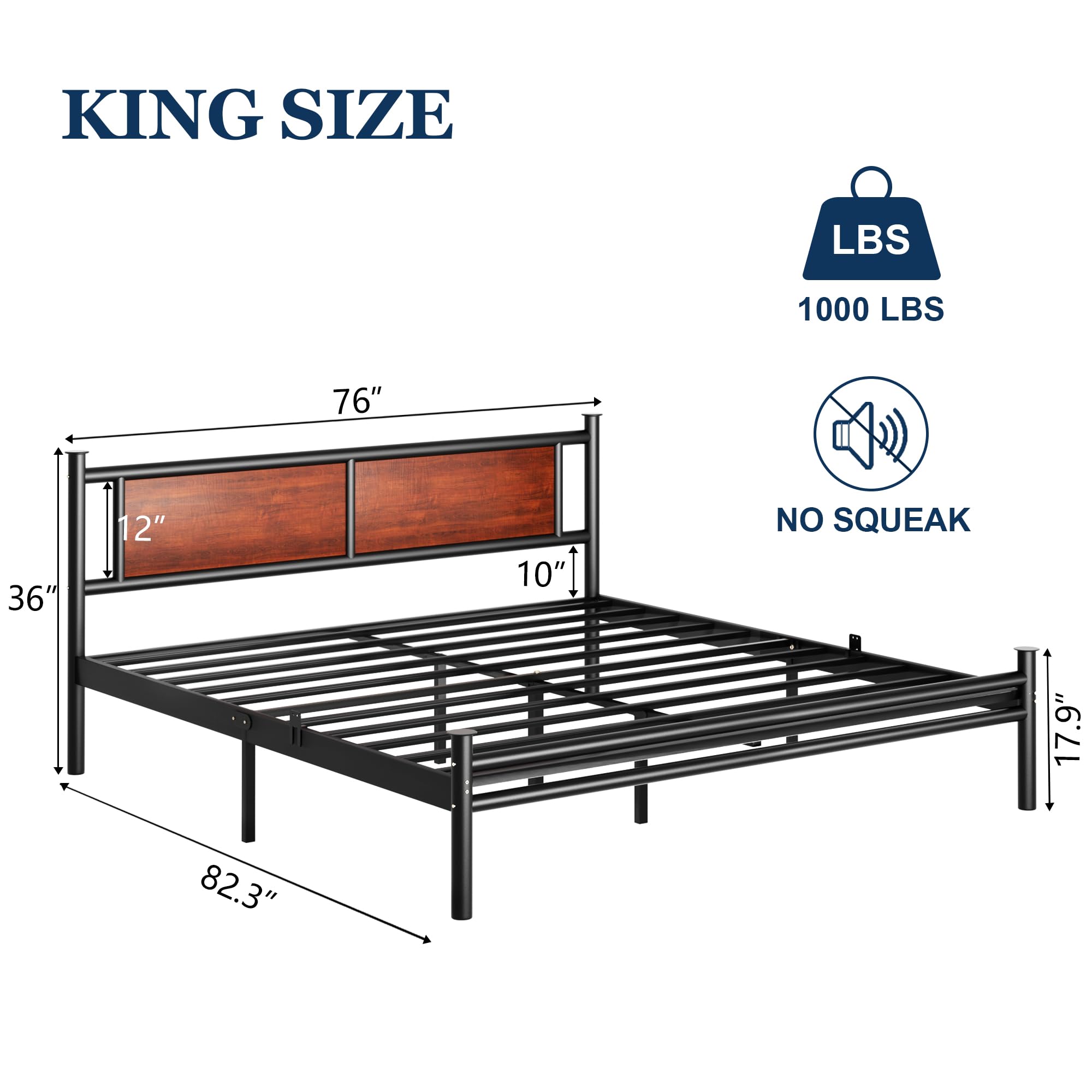 Sismplly King Size Bed Frame with Wooden Headboard, Heavy Duty Platform Bed with 12 inches Under Bed Storage, Black Metal Support System, No Box Spring Needed, Mahogany