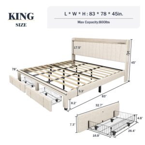 Sismplly King Size Bed Frame, Upholstered Platform Bed with Storage Drawers Headboard and Charging Station, Wooden Slats Support, No Box Spring Needed, Easy Assembly, Beige