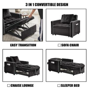 Wrofly 3 in 1 Single Convertible Sleeper Sofa Chair, 35.4" Pull Out Sofa Bed with Adjustable Backrest, Modern Chaise Lounge with Storage and Pillow for Living Room, Small Spaces, Black Velvet