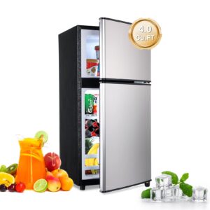 iorbur fls-90-silver 4.0cu.ft compact, small refrigerator with freezer, retro fridge with dual door, 7 level adjustable thermostat for garage, dorm,bedroom, office, silver