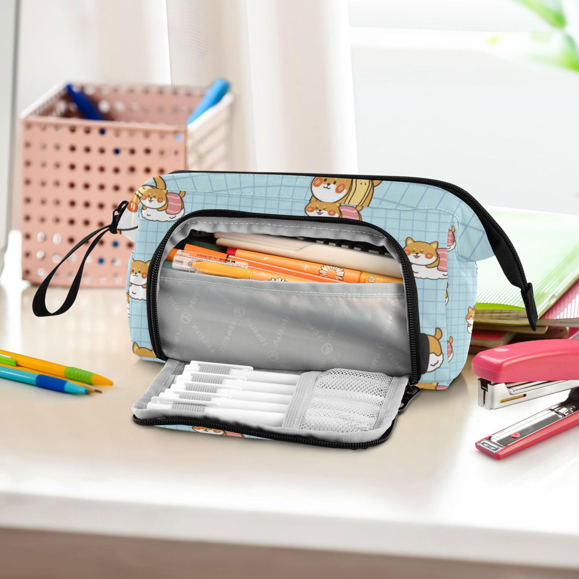 Glaphy Shiba Inu Dogs and Sushi Pencil Case Large Capacity Pencil Pouch Bag Zipper Storage Stationery Bag for School Office College