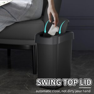 TODAYGO 2 Pack 2.6 Gallon/10 Liter Swing Top Trash Can, Small Garbage Can with Lid, Plastic Lidded Wastebasket, Black Slim Trash Bin for Bathroom, Kitchen, Bedroom, Office, Narrow Corner