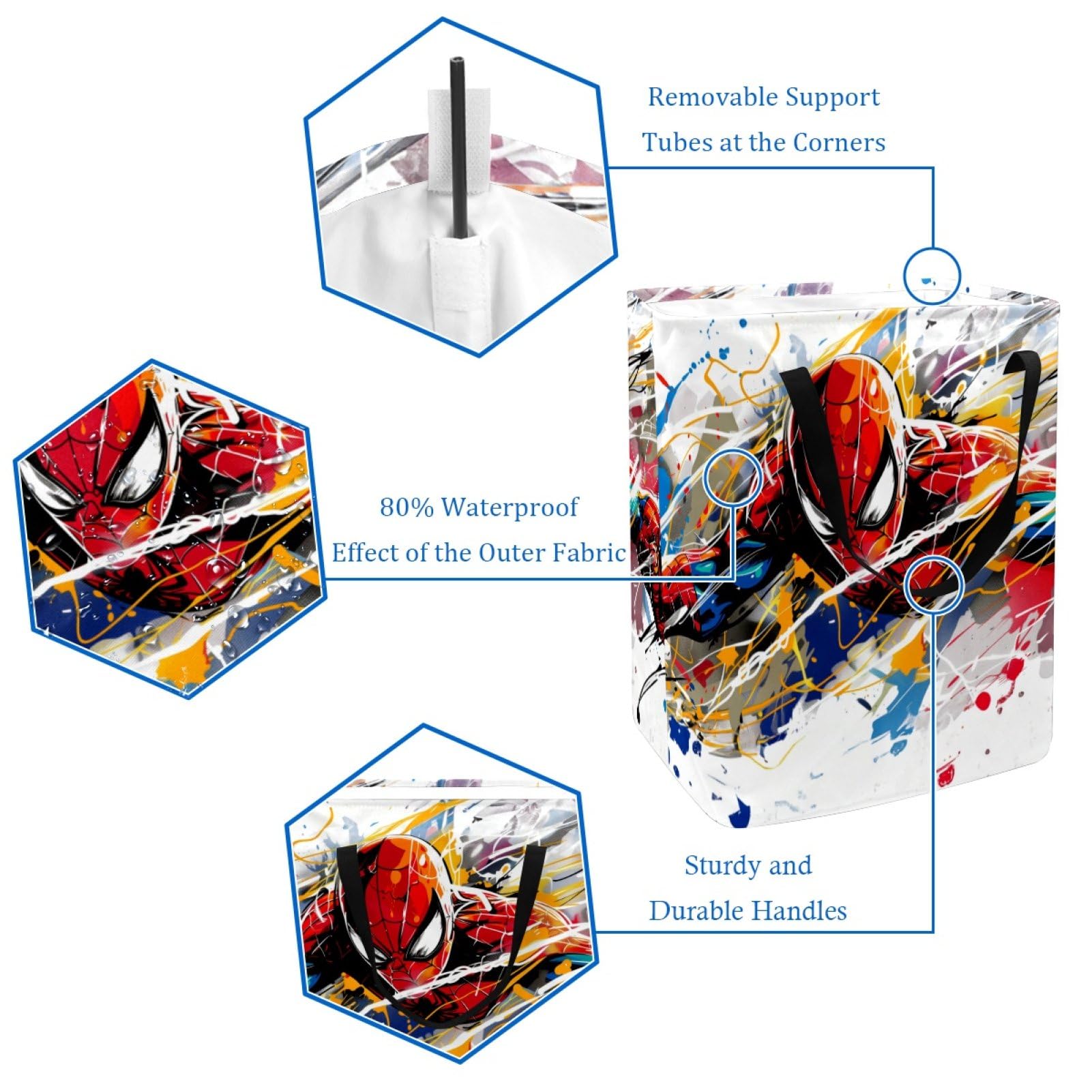 LICHWEST For Spiderman Foldable Waterproof Laundry Basket with Support Rods - 60L Capacity for Clothes, Toys, and More - Perfect Laundry Supplies, Toy Storage, and Clothes Organizer, White