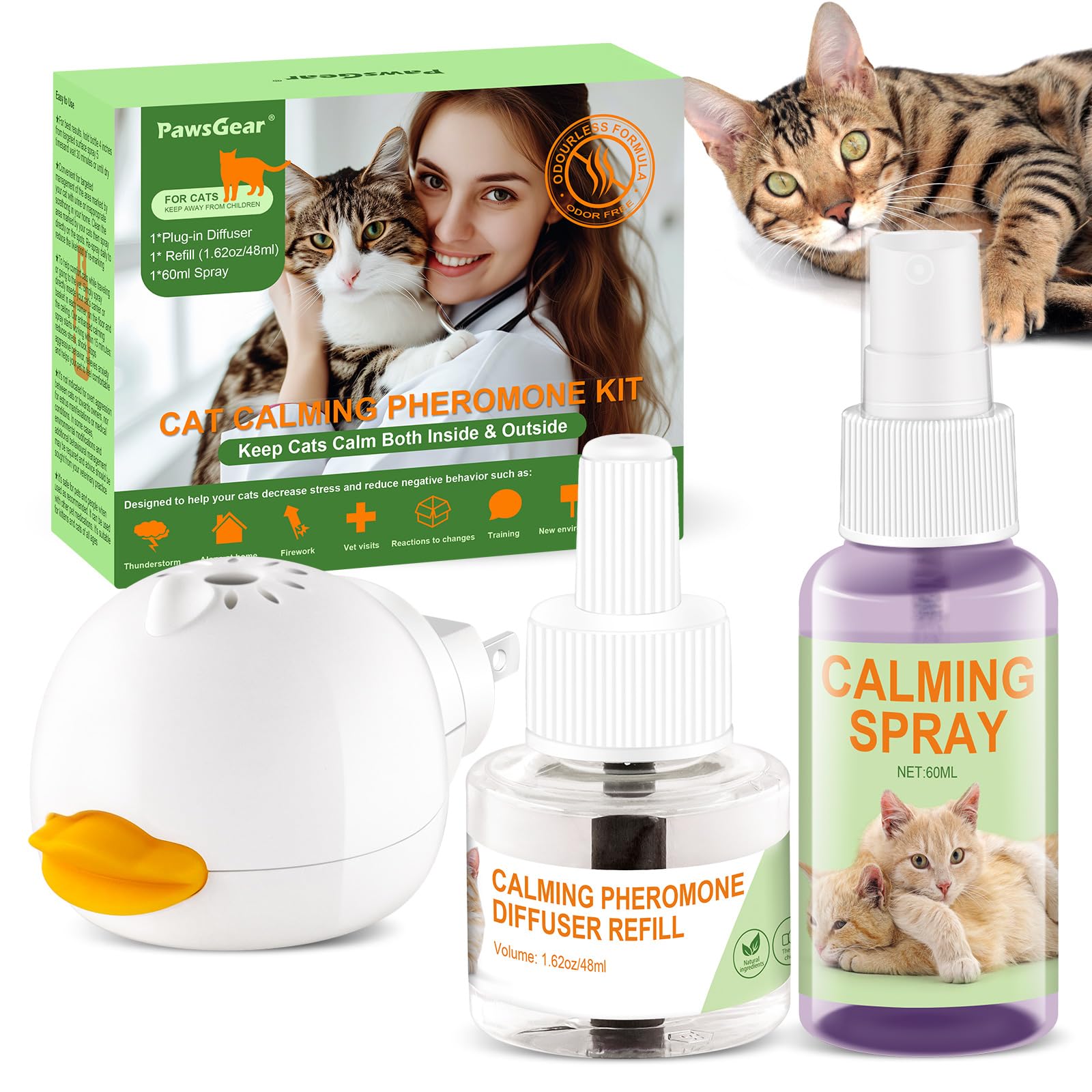 PawsGear Cat Calming Pheromone Diffuser and Spray,Relieve Anxiety Stress Reduce Fighting and Scratching,Fits All Cats