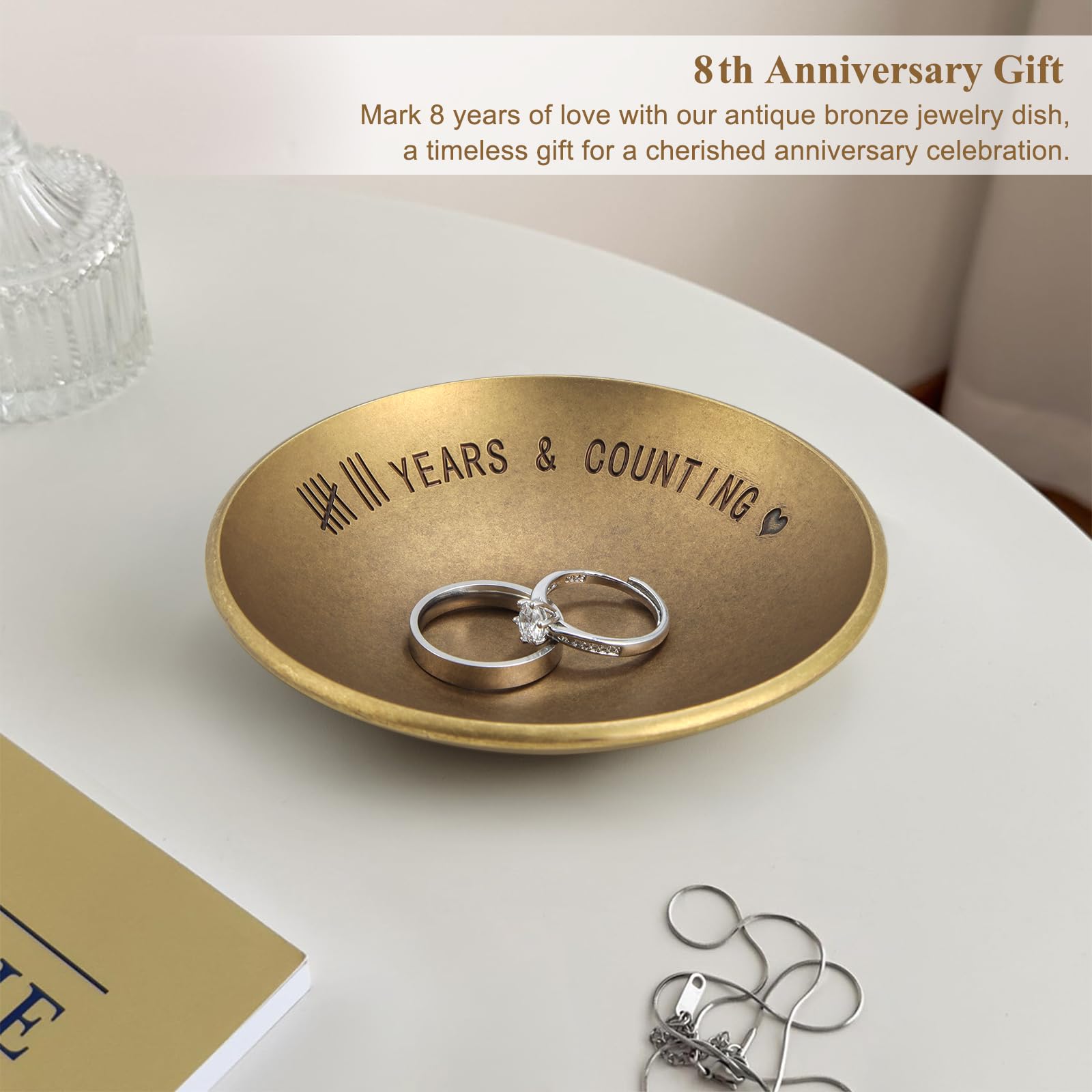 Urllinz 8 Year Anniversary Bronze Gifts - 8th Anniversary Jewelry Tray, Bronze Ring Holder Dish&Gift Box, 8 Year Anniversary Wedding Gifts for Him Men Wife Couple, 4"