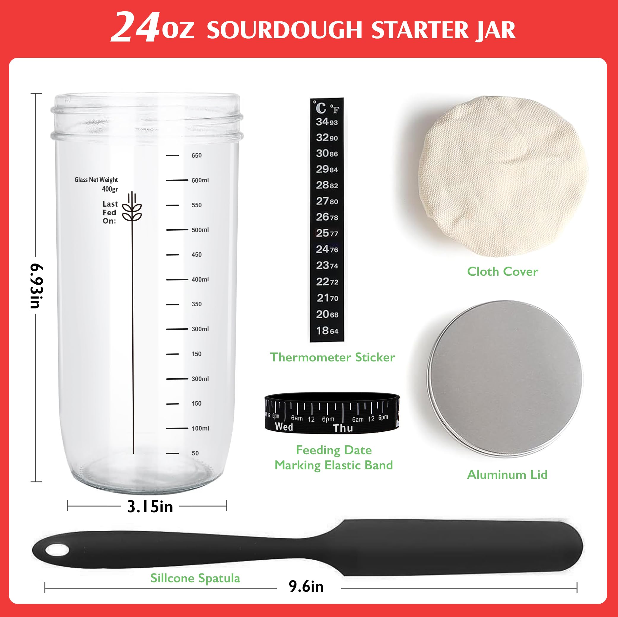 EIDDIZZ Sourdough Starter Jar Kits, Sourdough Starter Jar Glass with Date Marked Feeding Band, Thermometer, Cloth Cover & Metal Lid, Sourdough Jar Scraper, Home Bread Baking Supplies (1 PCS)