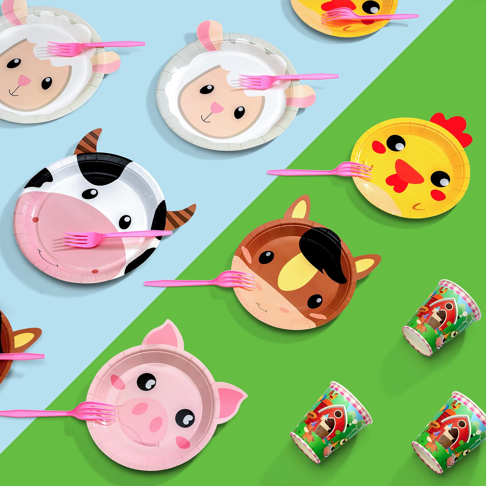 Farm Animal Party Plates Set, Serve 24 Cute Animal Shaped Disposable Party Plates and Napkins, Cups, Tablecloth, Forks, Hats, Party Supplies for Kids Birthday Decorations, Baby Shower