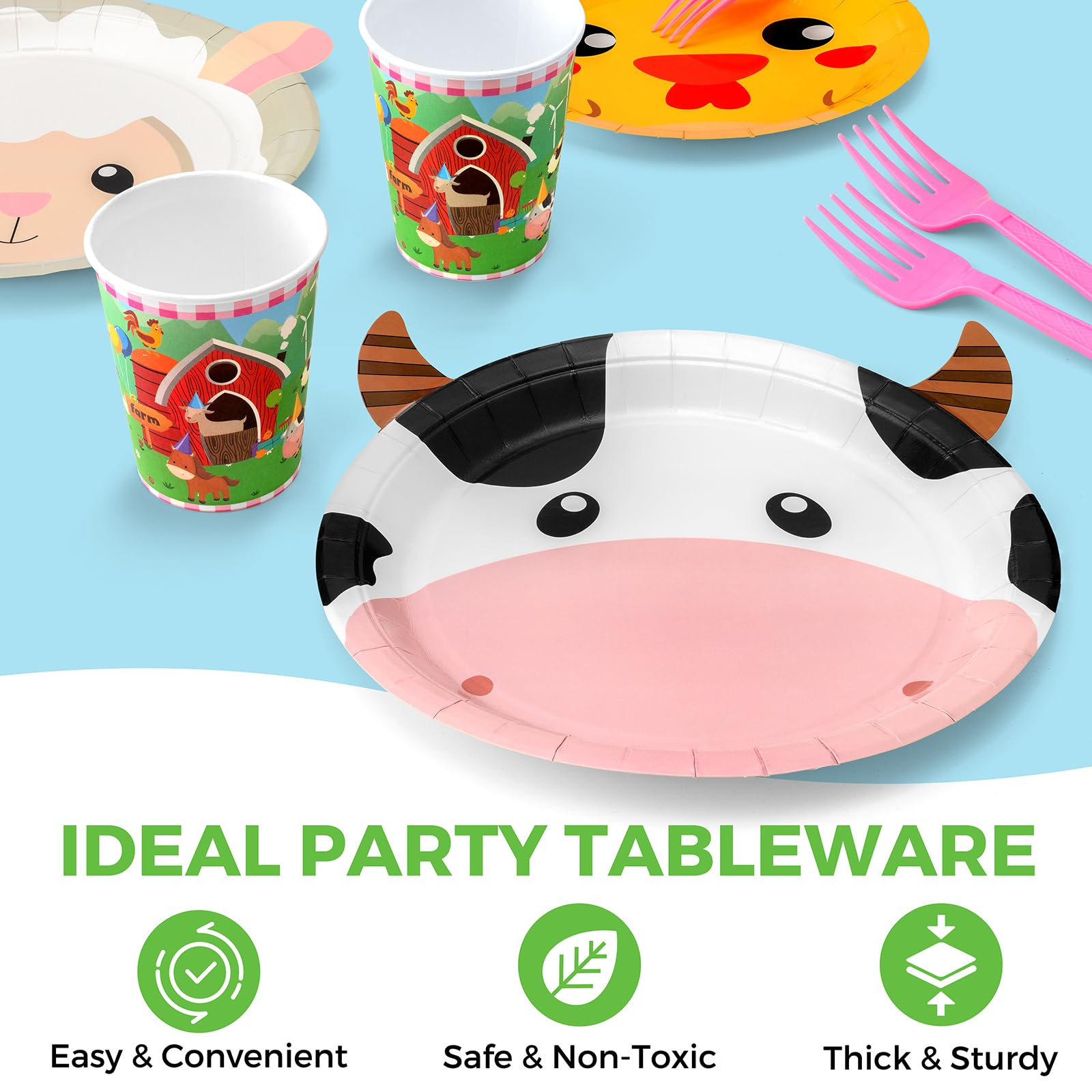 Farm Animal Party Plates Set, Serve 24 Cute Animal Shaped Disposable Party Plates and Napkins, Cups, Tablecloth, Forks, Hats, Party Supplies for Kids Birthday Decorations, Baby Shower