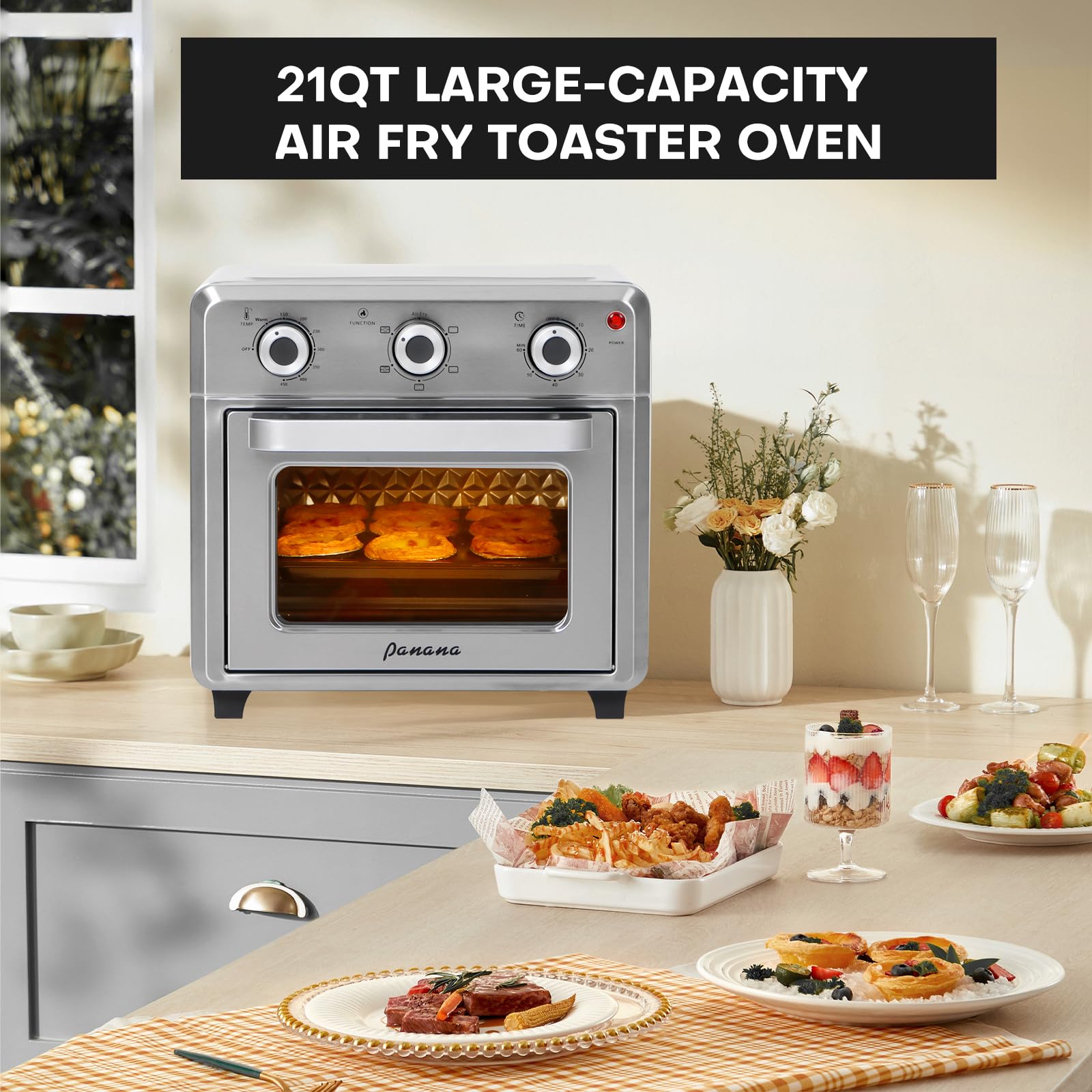 Panana Compact Airfryer Toaster Oven, 1400W 21QT with 6-in-1 Multifunctions and Wide Temperature Range, Air Fryer Oven with 60-Minute Timer/Auto-Off, Stainless Steel Countertop Oven (Silver)