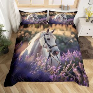 feelyou girly horse bedding set king size, kids lavender floral flower comforter cover set for boys girls, elegant galloping horse duvet cover western farmhouse bedspread cover quilt cover