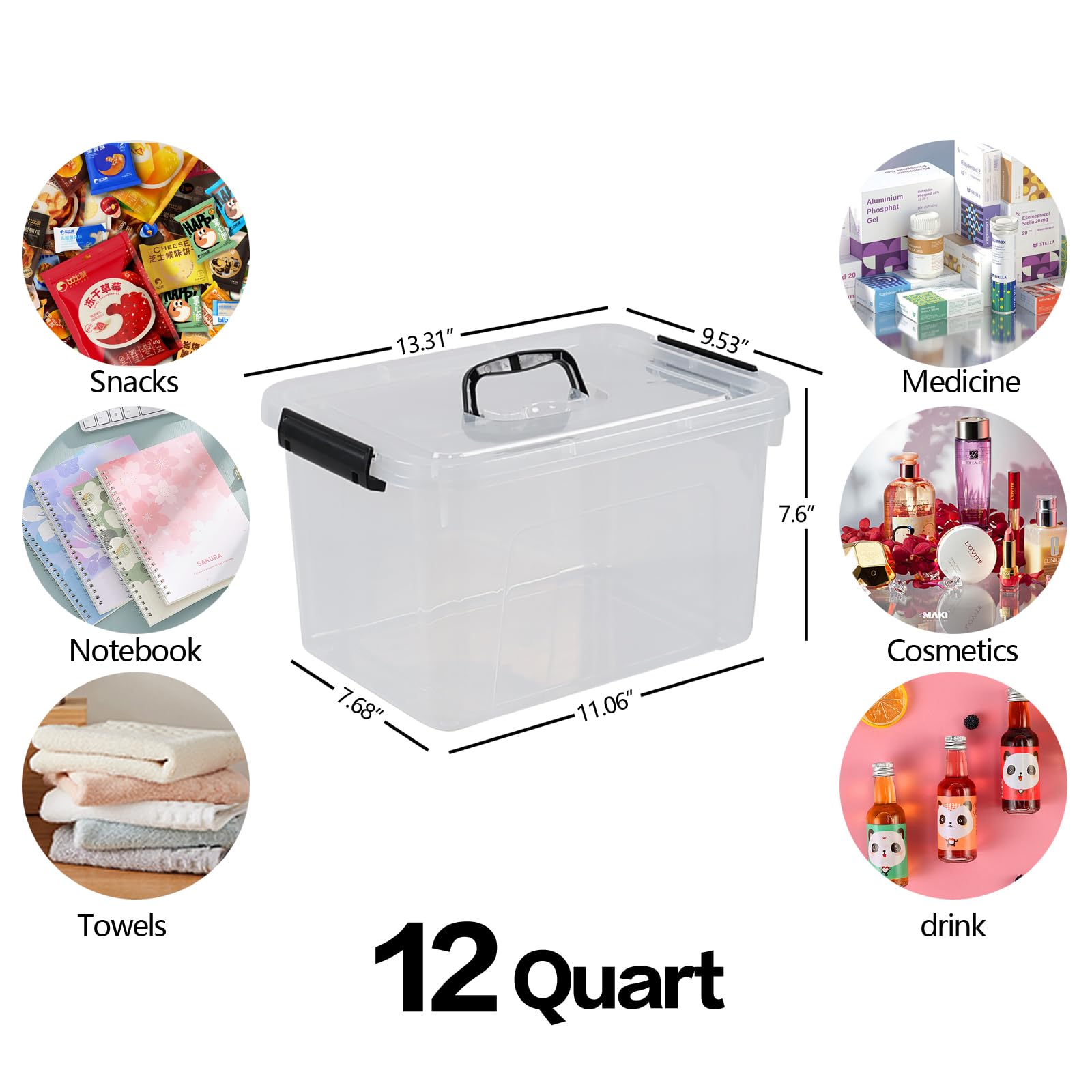 Jnktka 12 Quart Latching Storage Box, 4 Pack, Clear Plastic Organizer Bin with Handle