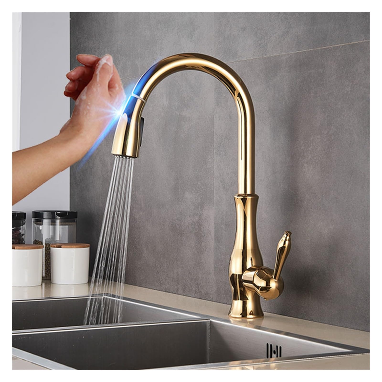 KXFXQTOT Three Colors Pull Out Sensor Kitchen Faucet Black Sensitive Touch Control Faucet Mixer for Kitchen Touch Kitchen Mixer Tap (Color : Gold B)