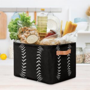 Black Baseball Storage Bin Basket, Softball Large Toys Storage Cube Box with Handles, Collapsible Laundry Basket Rectangular Waterproof Storage Organizer Bin for Nursery Bedroom Shelves Gift Basket