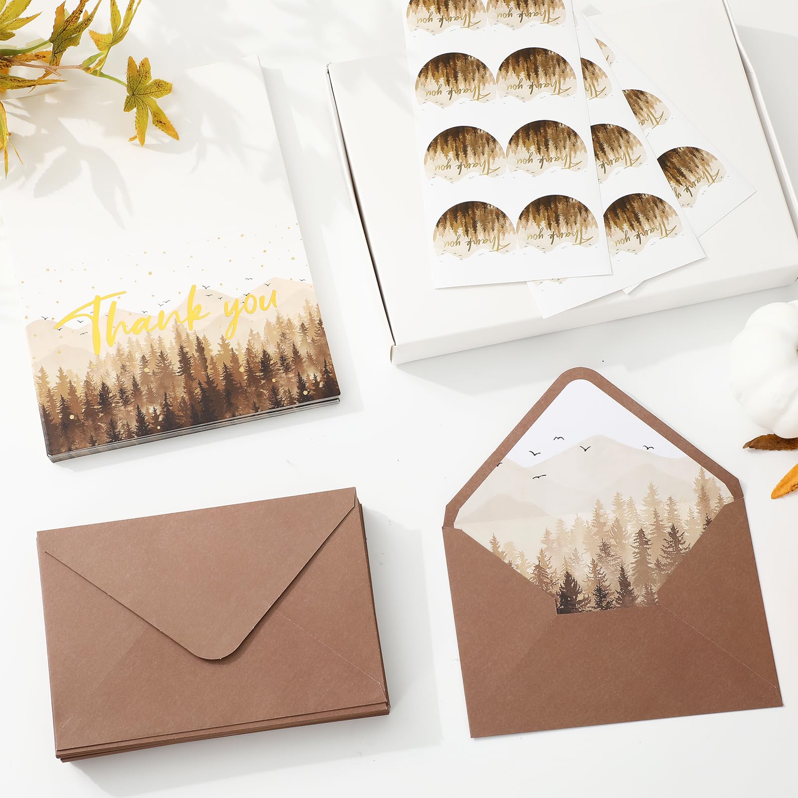 Whaline 50 Packs Fall Forest Gold Foil Thank You Cards Autumn Nature Greeting Cards Blank Note Cards with Envelopes and Stickers for Thanksgiving Wedding Birthday Party, 4 x 6 Inch