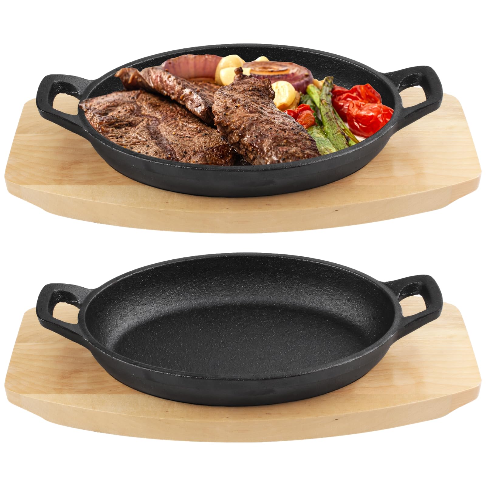 Cast Iron Skillet with Wooden Base, 2 Sets Mini Cast Iron Fajita Plate with Base, Anti-Scald Wooden Base Cast Iron Baker, Matte Black Small Cast Iron Pan for Dinner, BBQs, Kitchens, Restaurants