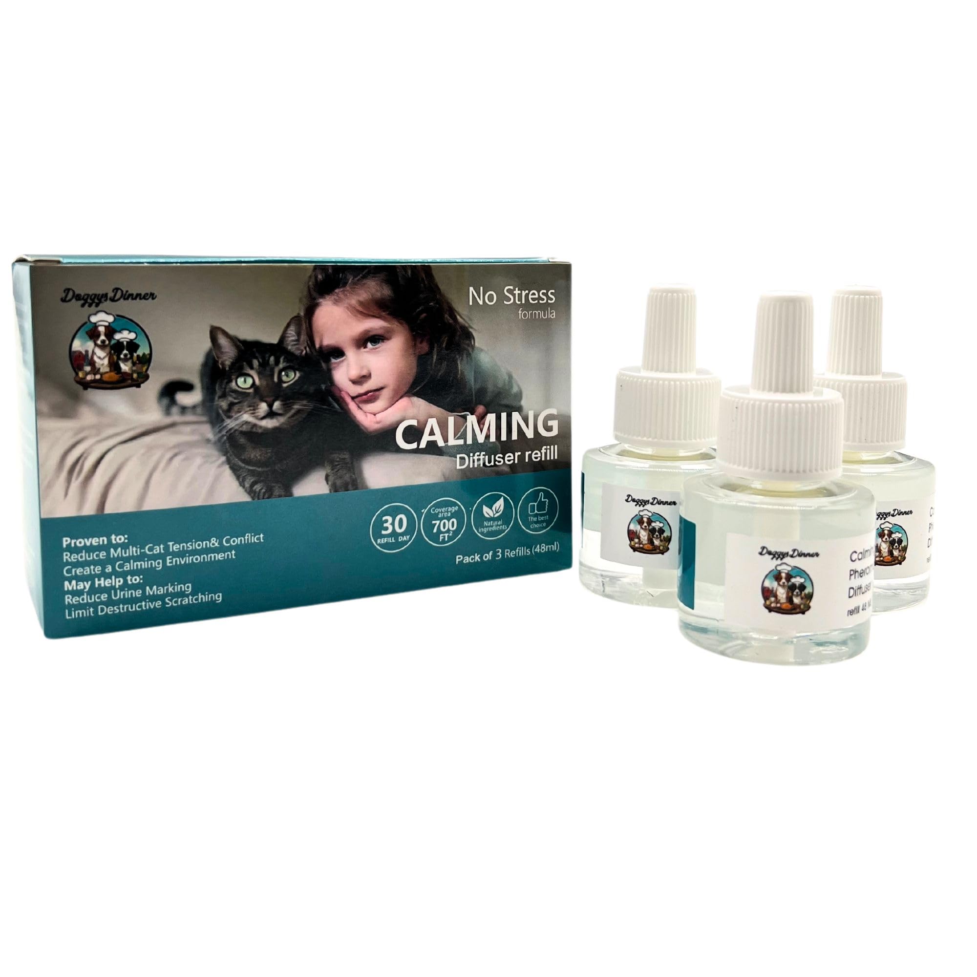 Doggy's Dinner Cat Calming Pheromone Plug-in Diffuser refills. Calming Pheromones help Relieve Anxiety. Contains (3 48ml refills 90 day supply) Works with most other brand Diffusers., Clear