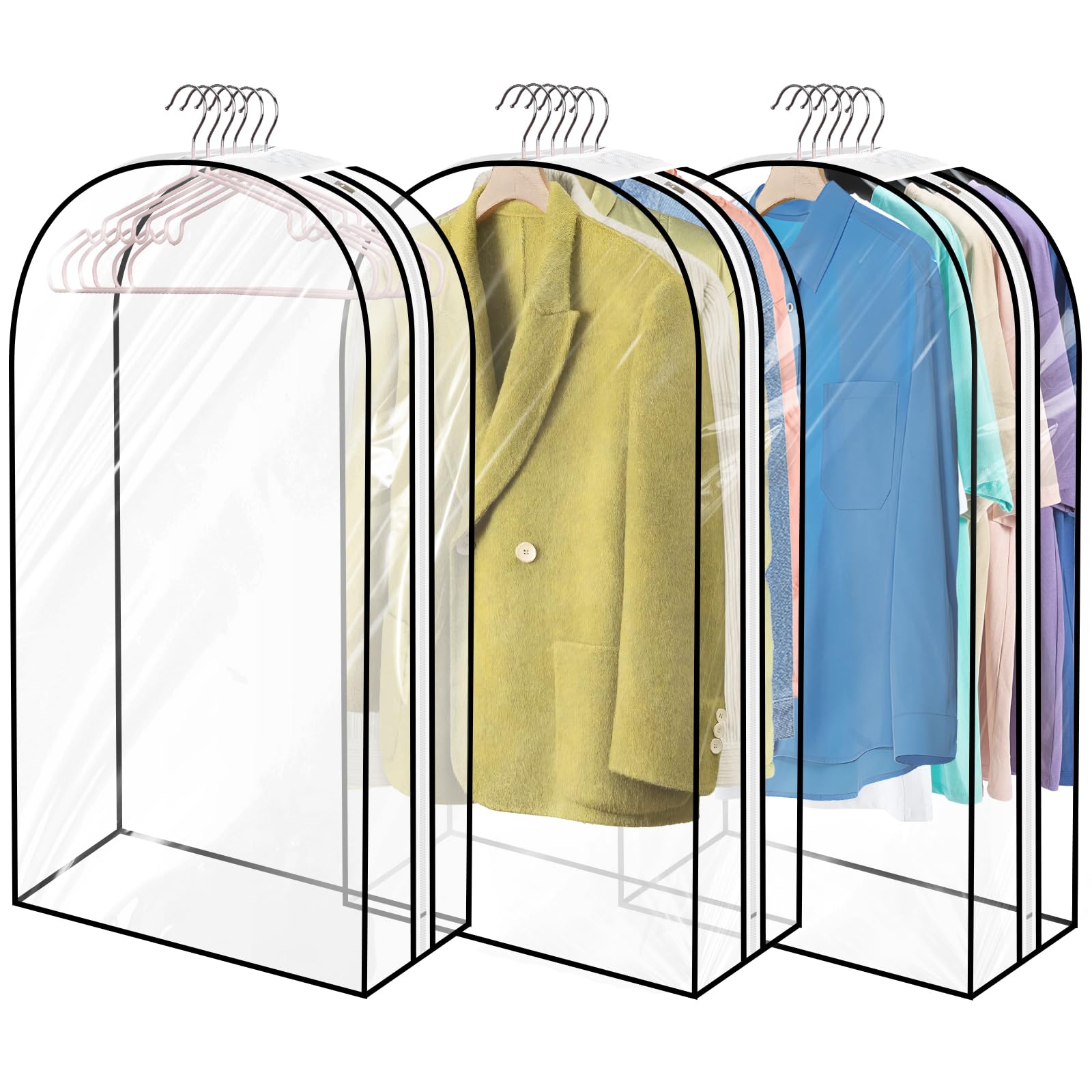 Carbrea Garment Bags for Travel - 43 Inches All Clear Garment Bag for Hanging Clothes 10 Inches Gusseted Suit Bags for Men Travel Dance Bag Clothing Storage Bags for Women Clothes Storage 3 Pack