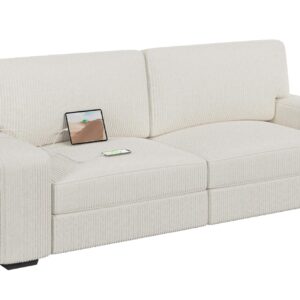 Yaheetech 83.5" W Modern Sofa Couch 2 Seater Corduroy Fabric Sofa with USB Charging Ports & Side Storage Pockets for Living Room Apartment, Ivory