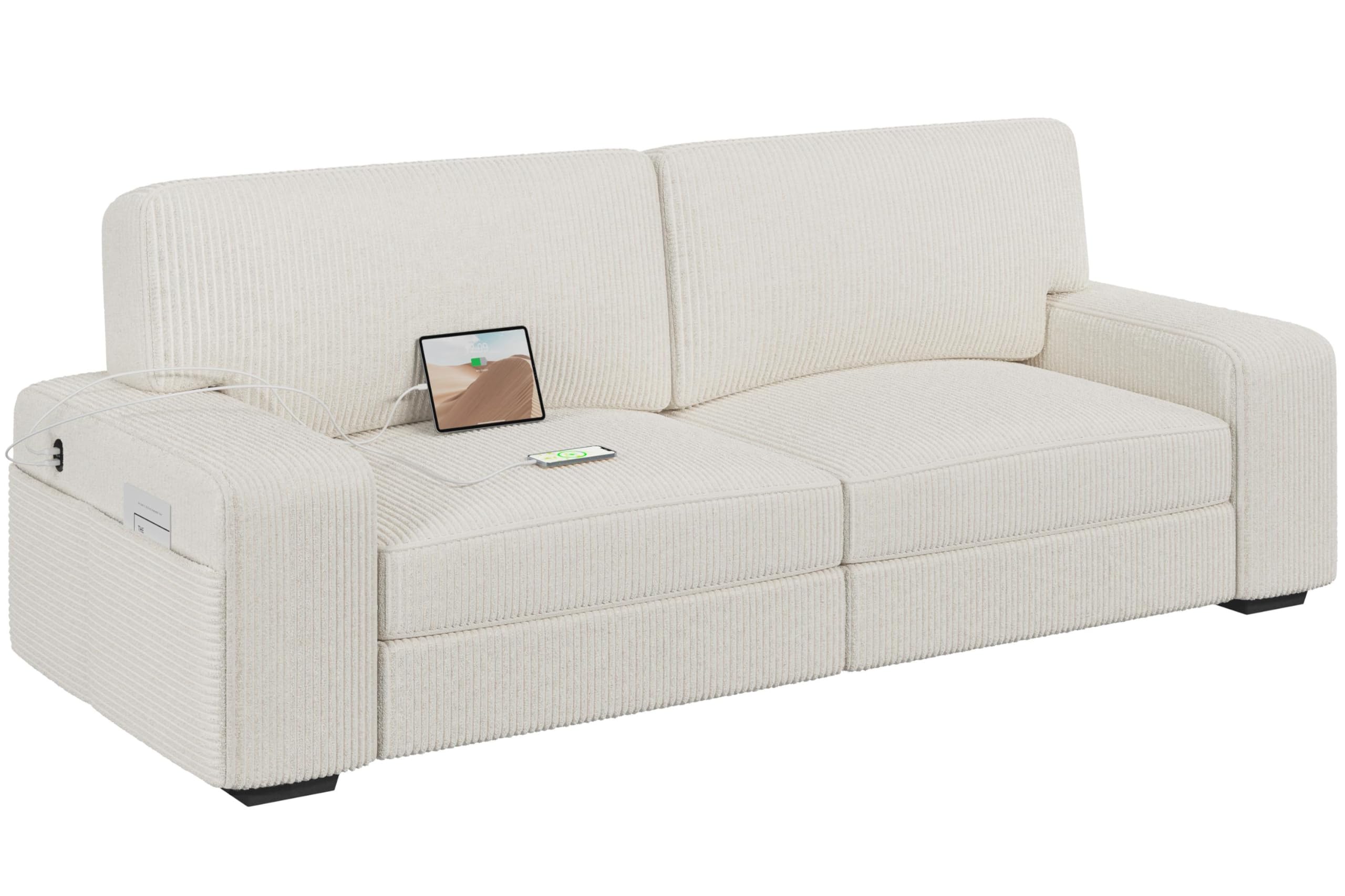 Yaheetech 83.5" W Modern Sofa Couch 2 Seater Corduroy Fabric Sofa with USB Charging Ports & Side Storage Pockets for Living Room Apartment, Ivory