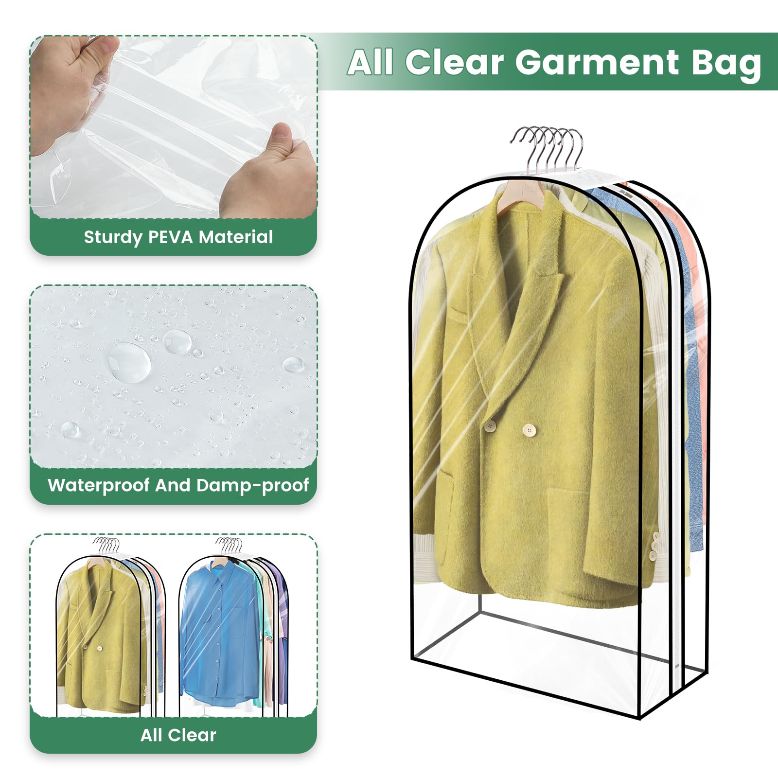 Carbrea Garment Bags for Travel - 43 Inches All Clear Garment Bag for Hanging Clothes 10 Inches Gusseted Suit Bags for Men Travel Dance Bag Clothing Storage Bags for Women Clothes Storage 3 Pack