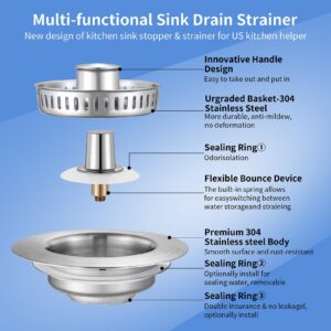 Upgraded 3 in 1 Kitchen Sink Drain Strainer - Stainless Steel Sink Stopper, Anti-Clogging Sink Food Catcher Basket, Fast Drainage Odor Filter Sink Plug for US Standard 3 1/2 inch Drain (Silver-1Pack)